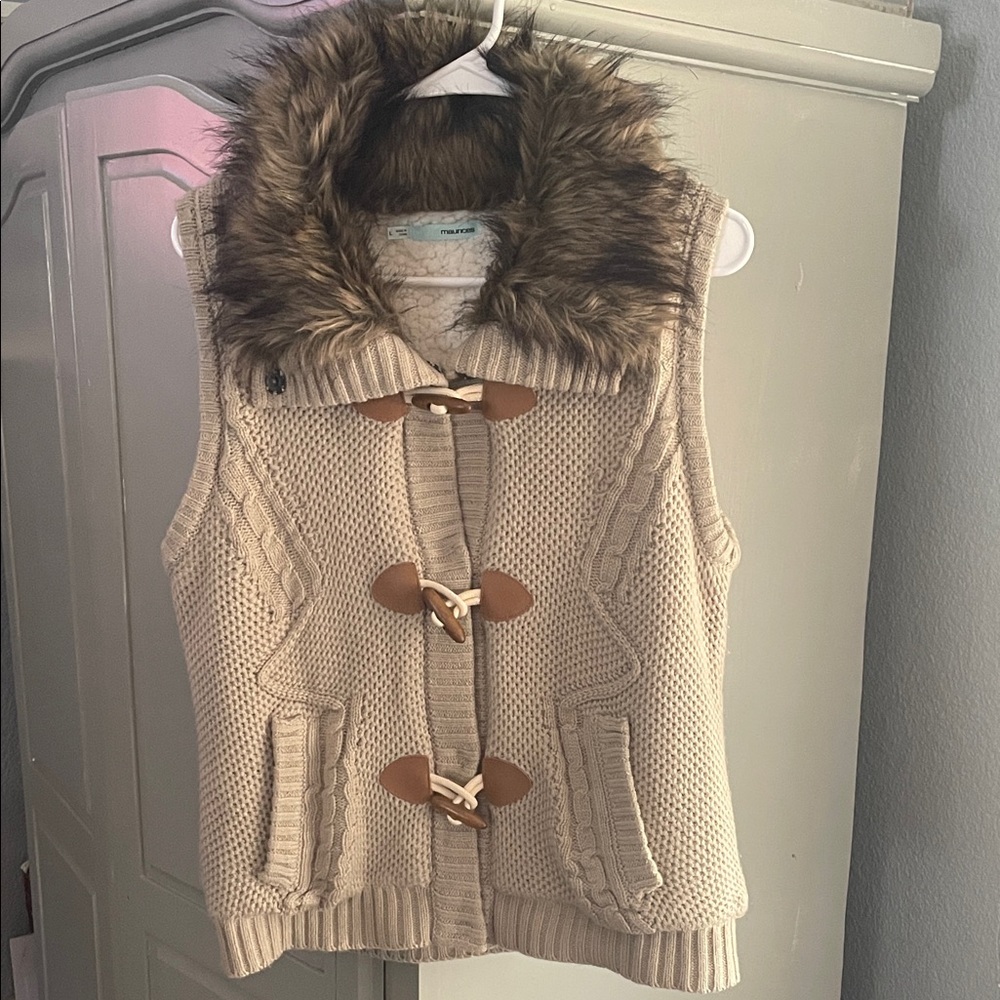 Maurices Tan Sweater Vest with Faux Fur Collar